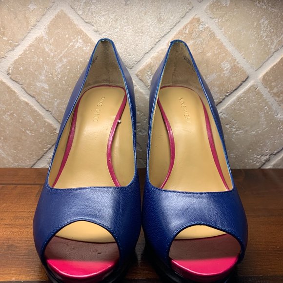 NINE WEST Blue Leather Pink Peep Toe Heels, Sz 7 - Picture 2 of 10